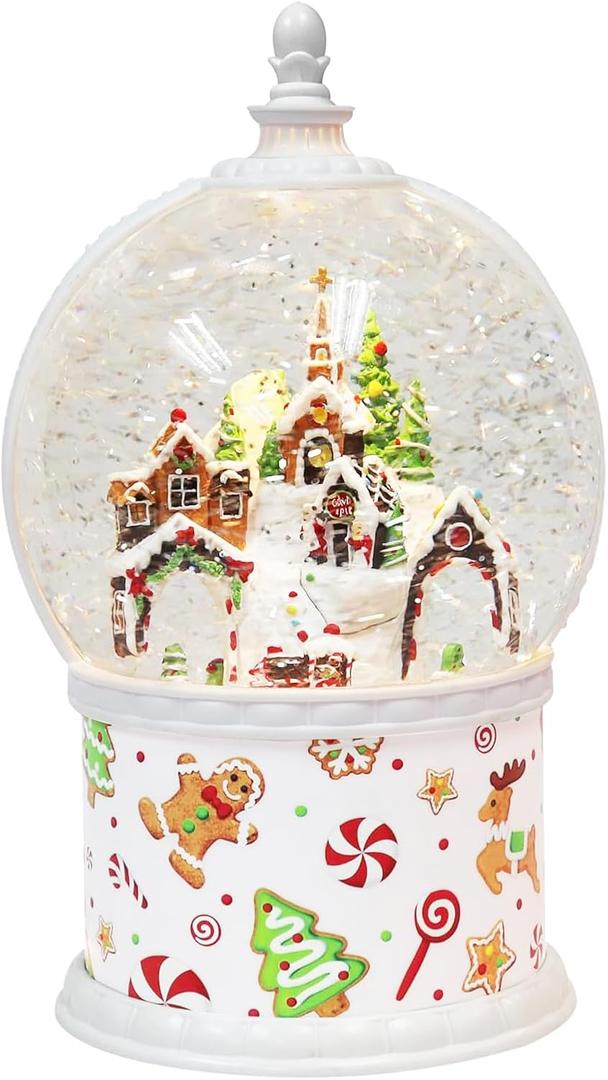 Moments In Time Lighted Gingerbread Snow Globe Water Spinning Glitter Christmas Decoration 11.7H LED Hand-Painted Polyresin Holiday Decor Battery Operated Festive Centerpiece