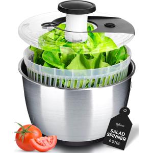 Stainless Steel Pump Salad Spinner Large - Easy Compact Kitchen Tool - Stainless Steel Bowl, Drain & Colander - Lettuce Spinner, Vegetable Dryer, Fruit Washer, Pasta & Fries Produce Strainer - 6.33 Qt (Black)