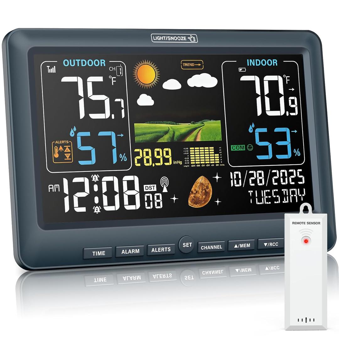 BluSon Weather Station Wireless Indoor Outdoor Thermometer, Color Display Digital Temperature Humidity Monitor with Atomic Clock, Weather Forecast, Adjustable Backlight, Home Weather Station, Blue