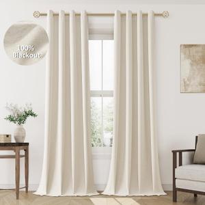 Beige Linen Blackout Curtains 100 Length 2 Panels Set for Living Room Bedroom, 100% Black Out Thermal Insulated Linen Drapes, Room Darkening Grommet Curtains 100 Inches Long