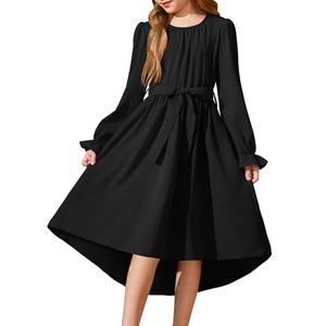 Arshiner Girls Long Sleeve Dress Fall Casual High Low Flowy Swing Midi Holiday Party Dresses with Belt Black , 14