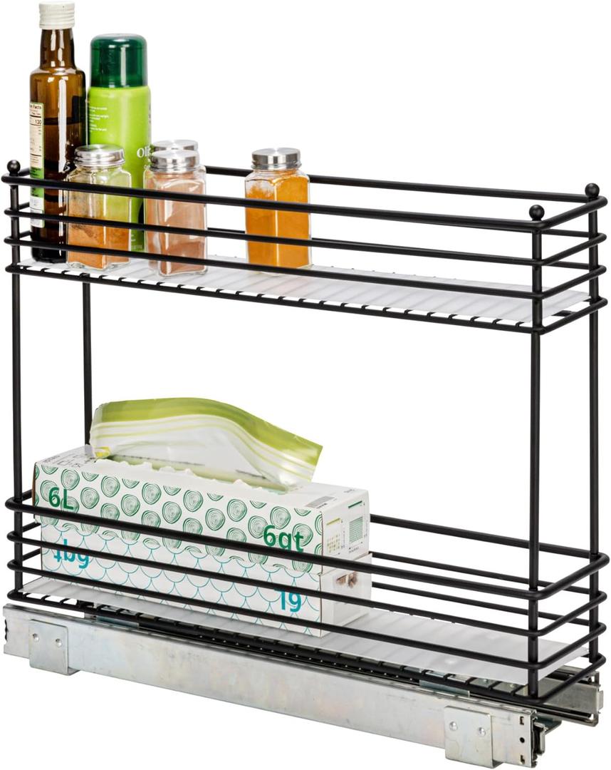 Household Essentials Glidez Multipurpose Paint-Finished Steel Pull-Out/Slide-Out Storage Organizer with Plastic Liners for Under Cabinet Use - 2-Tier Design, Black