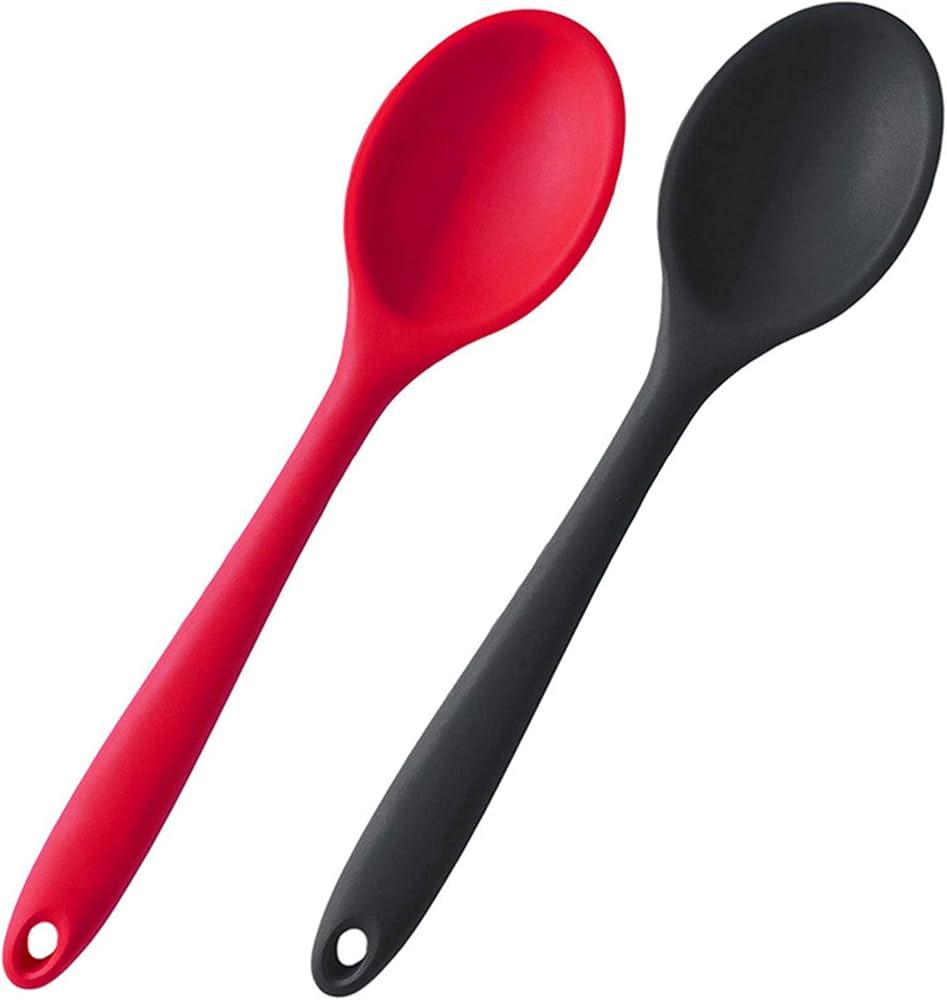 W WBLD Silicone Nonstick Mixing Spoons Set 2, High Heat Resistant, Hygienic Design Cooking Baking Spoons Set for Stirring, Mixing and Serving,Red and Black with Color Box