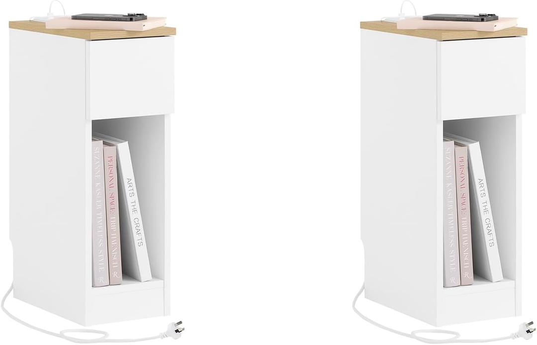 SoBuy Narrow Nightstand Set of 2 with Charging Station, Slim White Bedside Tables with USB & Type-C Ports, Drawer and Shelf, Modern Side Tables for Bedroom, Living Room or Dorm, FBT111-E-WNx2, 7.87 inches x 13.78 inches x 23.62 inches