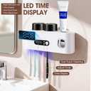 Toothbrush Holder with UV Sanitizer and Toothpaste Dispenser, Timer Display with Wall Mounted Smart Toothbrush Organizer for Bathroom, with 2 Cups and Automatic Sterilization Function, White