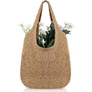 Women Straw Beach Bag Bucket Tote Summer Woven Handmade Handbag Shoulder Bag (Stylish Style,15.75 x 11.81 x 14.17 Inches)