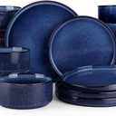 Famiware Star 24-Piece Plates and Bowls Set with Trim, Service for 8 - Stoneware Reactive Glaze Dinnerware, High Edge Ribbed Dishes, Chip & Scratch Resistant, Microwave & Dishwasher Safe, Nebulas Blue