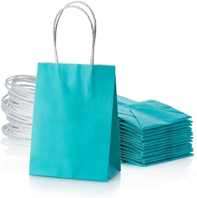 AWELL Small Turquoise Blue Paper Bag with Handle Party Favours Bag 6x4.5x2.5 inch for Baby Shower Birthday Wedding Recycled Bag, Pack of 24 (6x4.5x2.5,small Size,turquoise Blue)