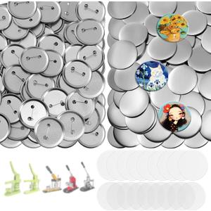200 Sets Button Maker Supplies, 58mm/2.25 inch Button Supplies, with Metal Needle Back Cover, Metal Cover, Transparent Film and Blank Paper, Suitable for Button Making Machine and Pin Maker Press