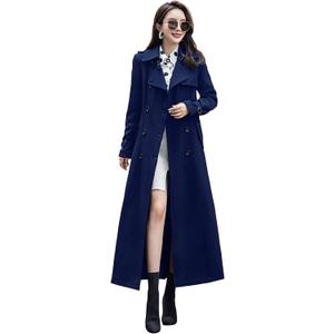 ebossy Women's Double Breasted Duster Trench Coat Slim Full Length Maxi Long Overcoat (Medium, Navy Blue)