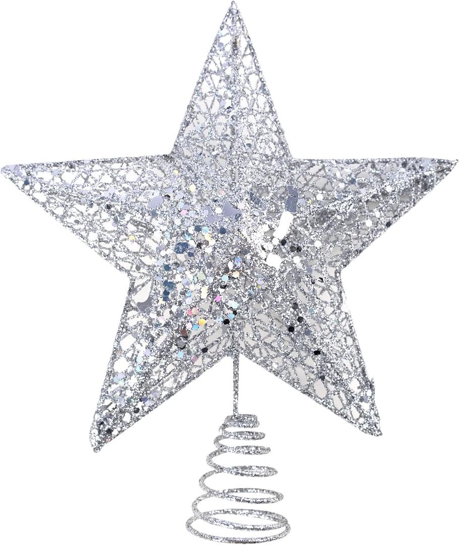 Silver Christmas Tree Star Christmas Tree Topper Metal Glitter Star for Christmas Tree Xmas Tree Topper for Pencil Christmas Trees Decorations 10 Inch