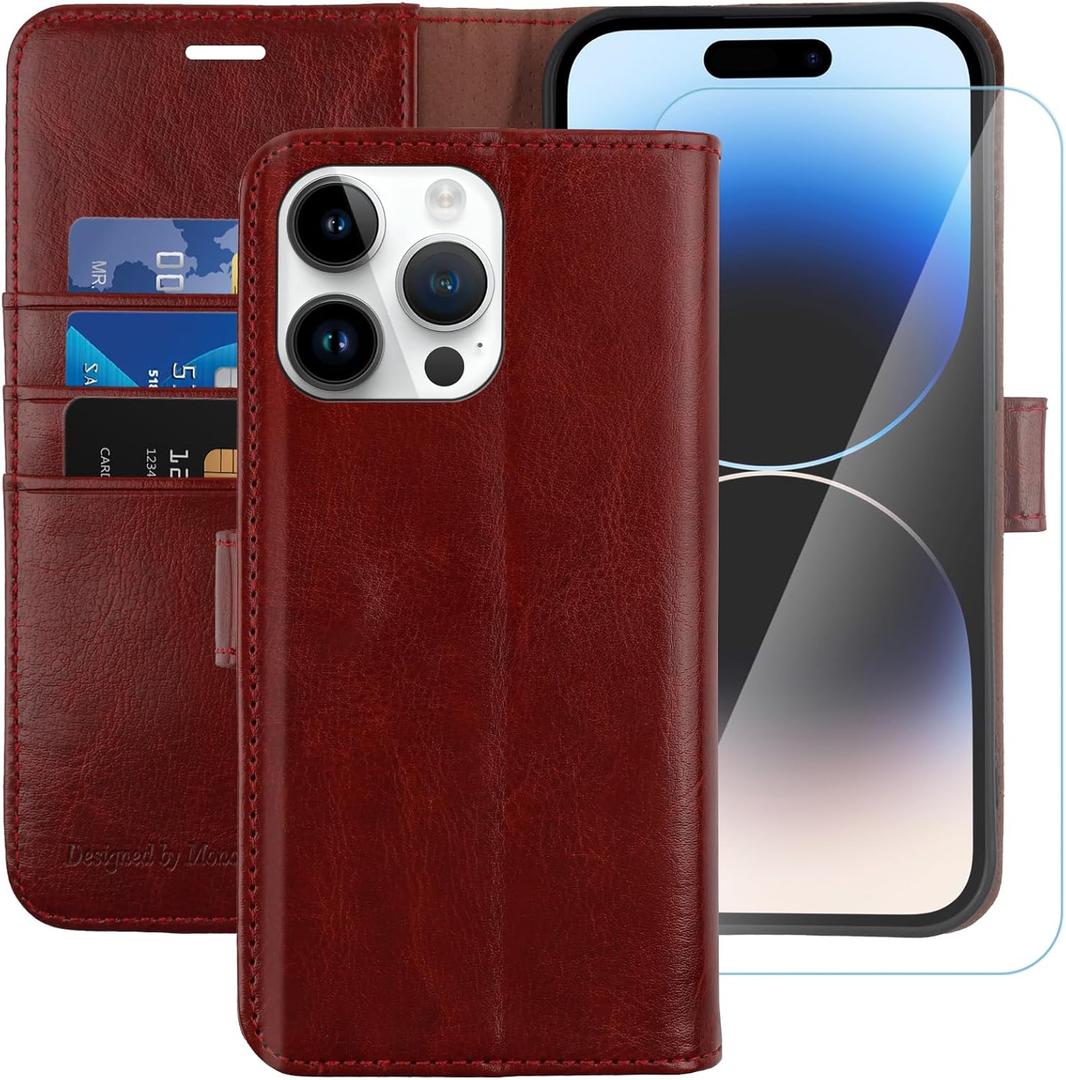 MONASAY Wallet Case Compatible for iPhone 14 Pro Max 5G, 6.7-inch, [Glass Screen Protector Included] [RFID Blocking] Flip Folio Leather Cell Phone Cover with Credit Card Holder, Burgundy
