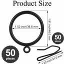 50 Pcs Curtain Rings and Hooks 1.52 Inch - Stainless Steel Shower Curtain Rings and Hooks with Eyelets for Curtains Rods and Bathroom Shower Rods, Black