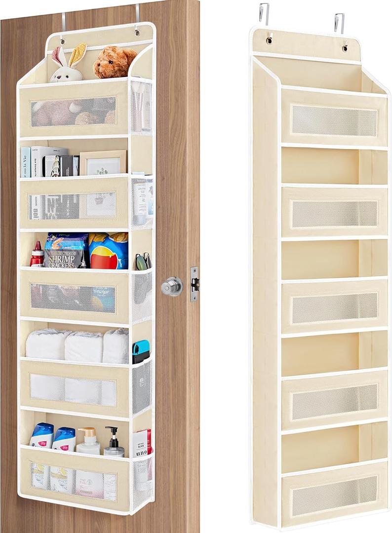 JARLINK Over The Door Organizer Storage, 5 Shelf Hanging Door Organizer with 5 Large Capacity Pockets, Anti Tilt 44 lb Load Behind Door Storage for Bedroom, Bathroom, Pantry, Nursery (Beige)