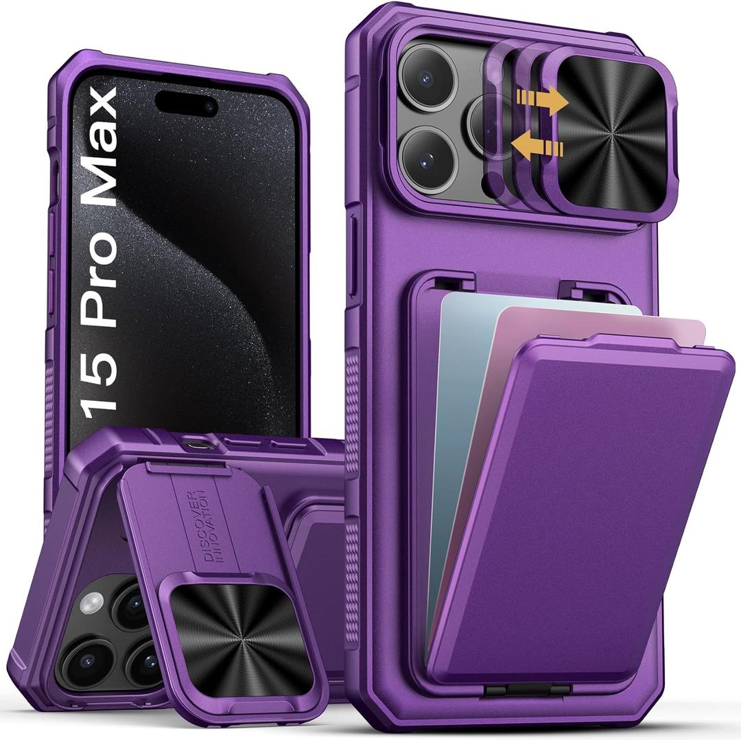 SSLOTSCASE for iPhone 15 Pro Max Case with Card Holder & Sliding Camera Lens Cover & Hidden Kickstand & Camera Stand & Wallet, Silicone Edge Durable Protective Case for iPhone 15 Pro Max, Dark Purple