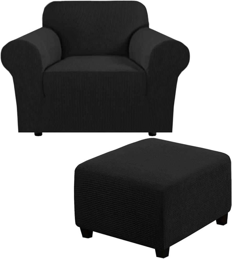 H.VERSAILTEX 1 Piece Sofa Cover for Armchair 32"-48" Bundle Square Ottoman Covers Ottoman Slipcovers (Black)