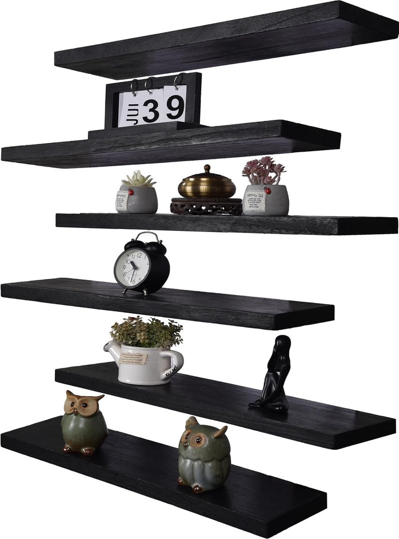 Wood Floating Shelves for Wall, Wooden Wall Shelves for Bedroom, Wall Mounted Shelves for Living Room, Set of 6 Black 24Inch
