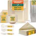 ECO SOUL 800 Pcs Compostable Dinnerware Set For 100 Guests, 100 Pcs Each Of Eco-Friendly White Disposable Paper Plates Of 10"" & 6"", Cutlery, Napkins, 16 oz Bowls & 16 oz Cups Set For Party & Picnic