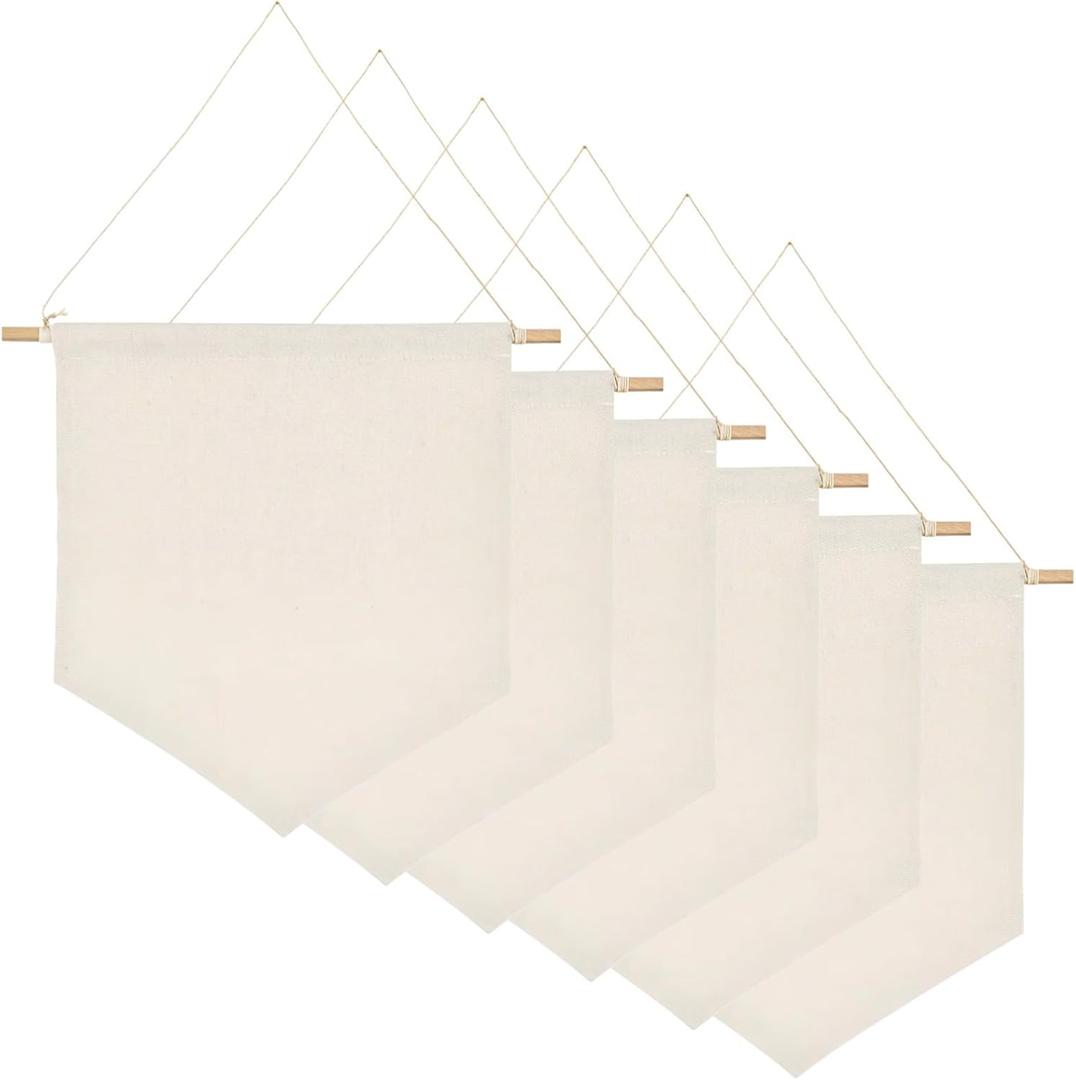 6 Pcs Blank Canvas Banners with Wooden Dowel, 11.8 x 10.83 in Enamel Pin Wall Display Banners, Wall Decorative Hanging Flags, Display Banner for Display Badge, Buttons, Lapel
