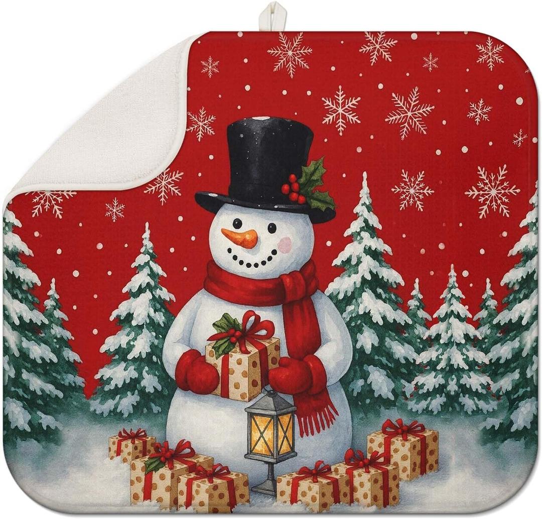 Red Christmas Drying Mat for Kitchen Counter 16" X 18" Christmas Dish Drying Mat for Kitchen Decor Snowman Xmas Drying Mats For Home Counter Drying Mats For Dishes Dish Mat Drying Mat
