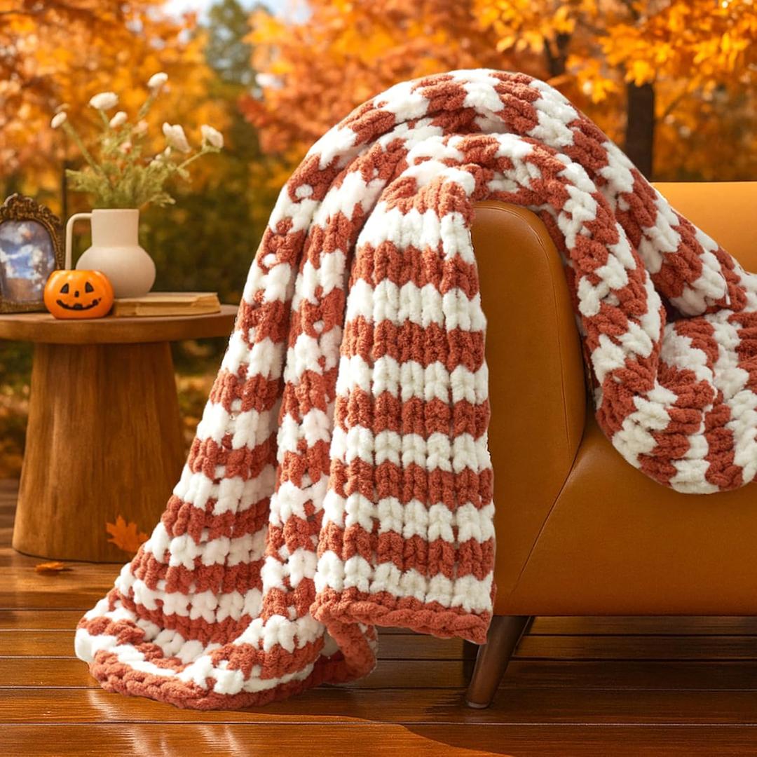 Amlie Home Chunky Knit Throw Blanket for Couch, Soft Chenille Crochet Blanket for Sofa, 50"x60", Burnt Orange & White Striped