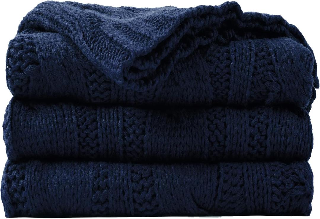Battilo Navy Cable Knit Throw Blankets for Couch, Super Soft Warm Cozy Decorative Knitted Throw Blanket for Bed, Sofa, Chair 50"x60"