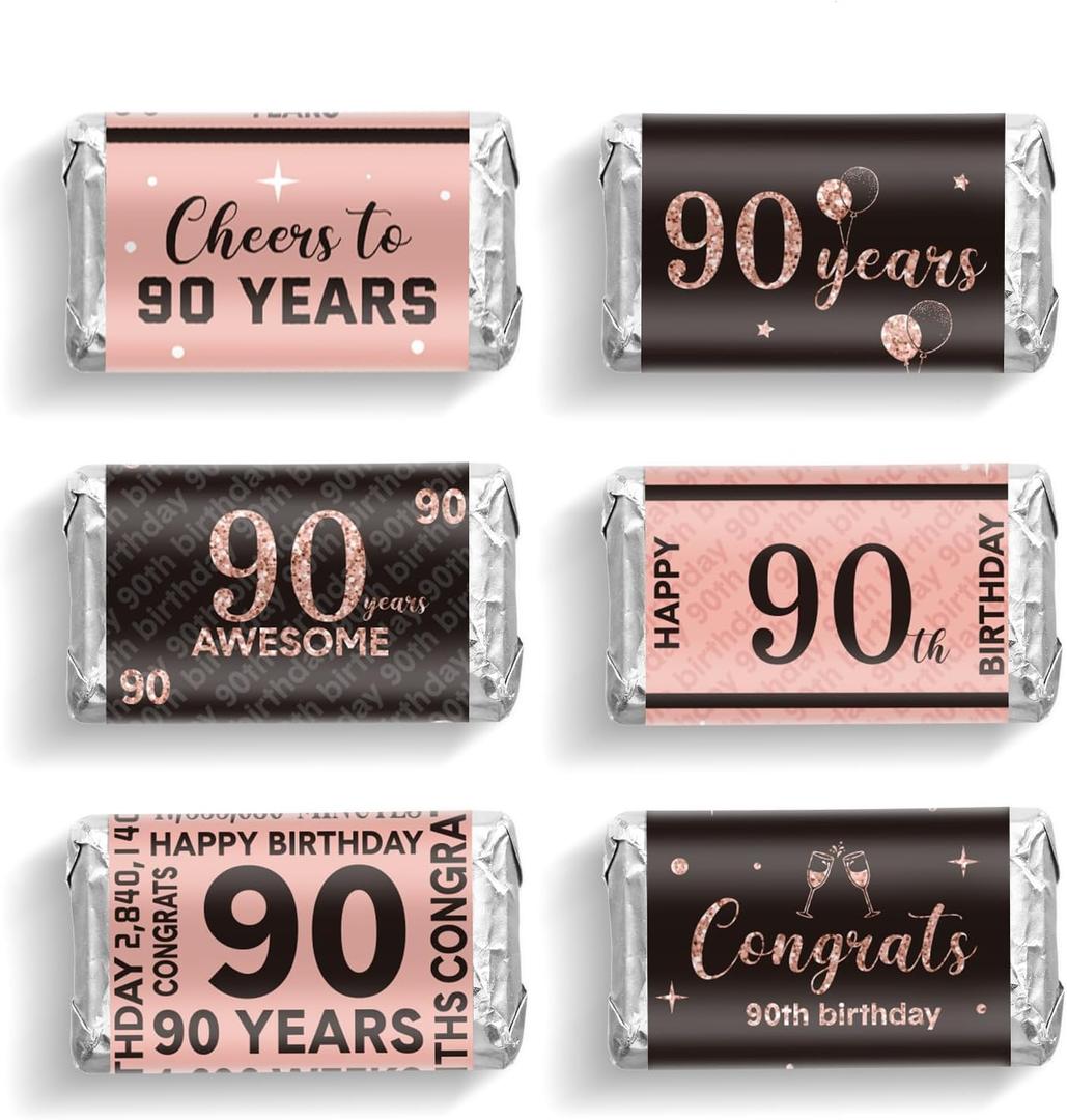 Tenare 90 Pcs 90th Birthday Candy Bar Wrappers Black and Pink Stickers Chocolate Decoration Label Mini Candy Label Stickers for Women Anniversary Birthday Party Supplies