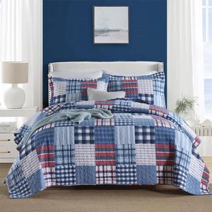 Cotton Bedding Quilt Sets Reversible Real Patchwork Coverlet Sets All Season Blue Bedspread, Plaid Patchwork Pattern,King Size
