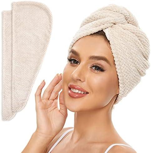 SimpleField 2 Pack Microfiber Hair Towel Wrap for Women, Anti Frizz Quick Drying Hair Turban for All Hair Style, Absorbent and Lightweight (Beige)