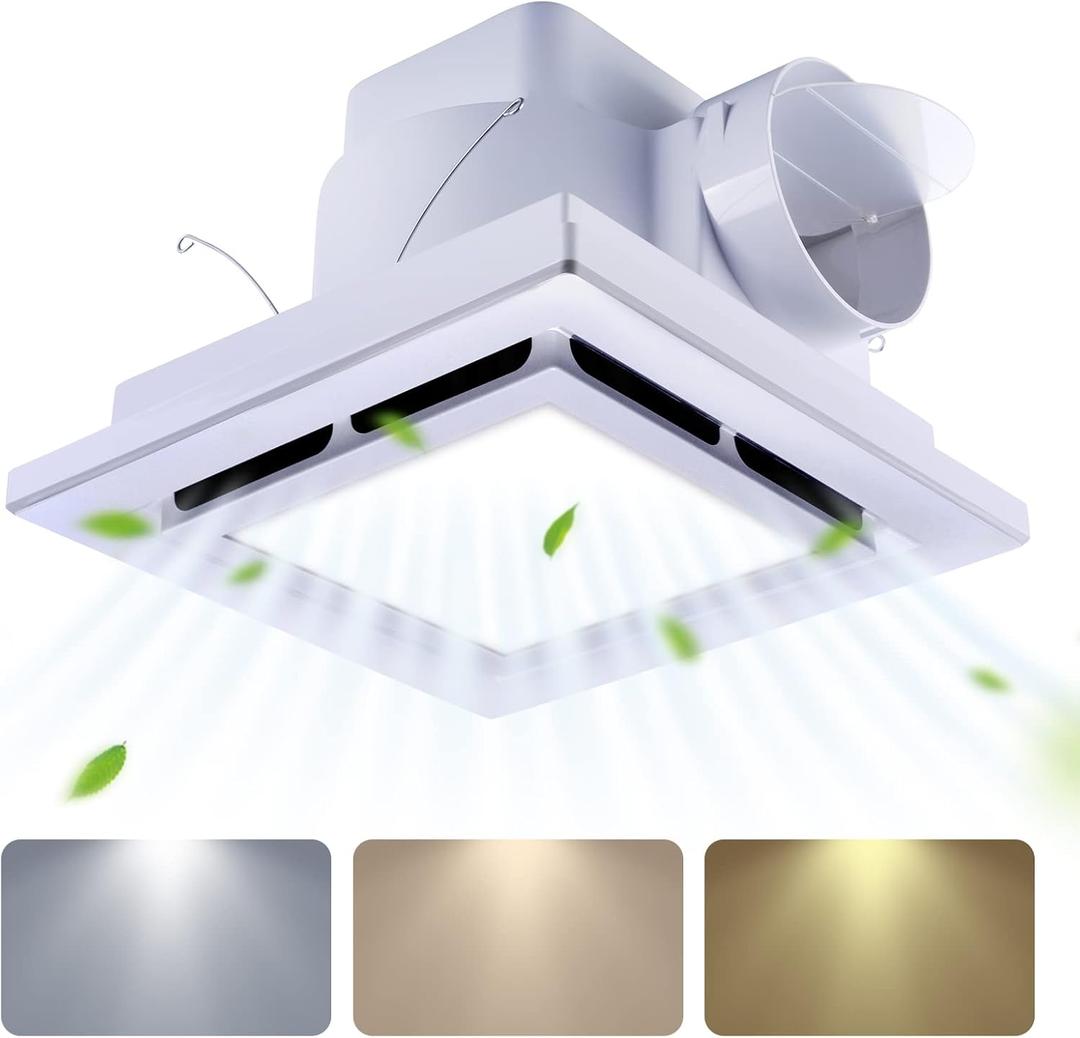 Bathroom Fan with Light Ceiling Mount Shower Ventilation Exhaust Fan with Color Change Light 3000K/4000K/6000KVent Fan and Light Combo for Home 1.0Sone 110 CFM 110V 4" Duct Square White