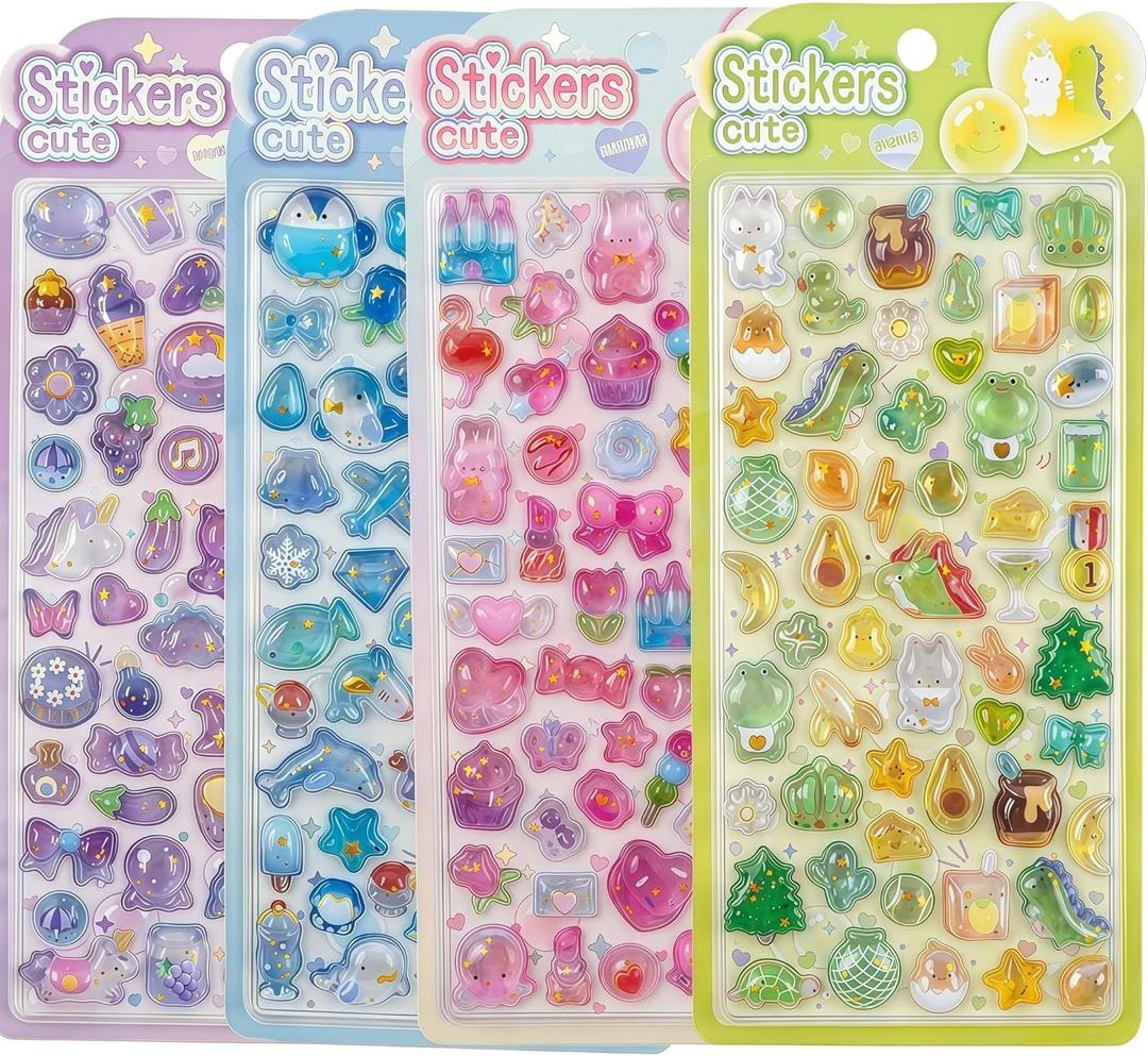 4 Sheet Bloom 3D Cute Puffy Stickers - Kawaii Resin Decorative Sticker Set for Kids, Girls, Adults, Japanese Cartoon Reusable Stickers for DIY Scrapbooks Planner Phone Case (Heart-Melting)