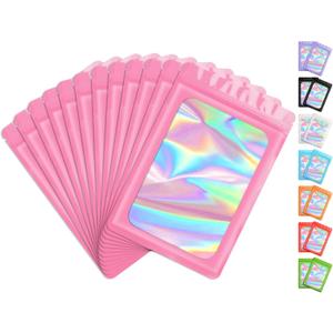Funfery 100 Pcs Resealable Bags Clear Holographic Bags,Smell Proof Packaging Baggies,Mylar Food Storage Bag,Zipper Sealing Bag for Coffee Bean,Cookies,Jewelry Sample Small Business(Pink,6.3x9.4in)