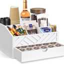 Coffee Bar Organizer with Drawer, Coffee Station Organizer for Countertop, Wood Coffee Bar Accessories Organizer for Coffee Bar Decor, Farmhouse Coffee Cup Pod Holder Condiment Organizer, White