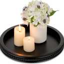 Hanobe Decorative Serving Tray Wood: Black Bead Round Tray for Coffee Table Rustic Wooden Trays Decor Farmhouse Kitchen Counter Circle Tray Vintage Centerpiece for Living Room Home Organizer (11.8")