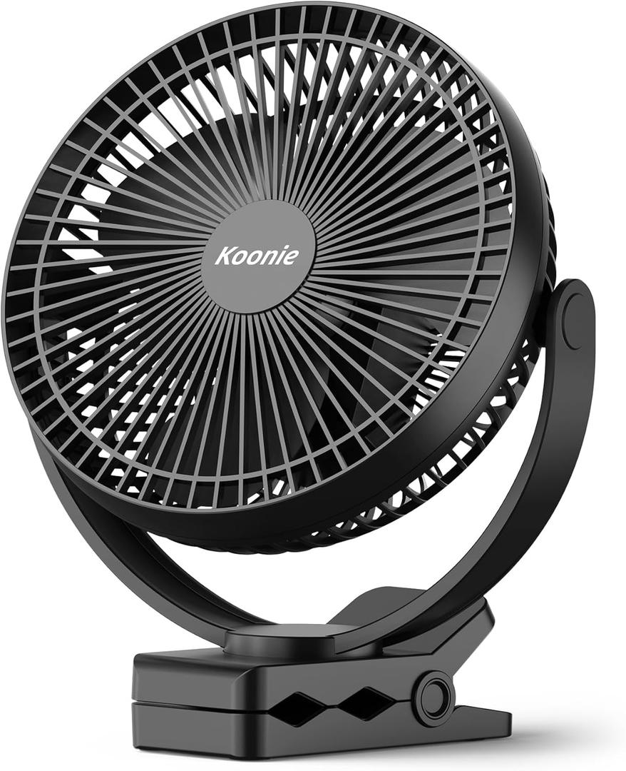 Koonie 10000mAh Clip on Fan Rechargeable, 8-Inch Battery Operated Desk Fan, USB Fan, 4 Speeds, Strong Airflow, Sturdy Clamp for Golf Cart Office Desk Outdoor Travel Camping Tent Gym Treadmill, Black