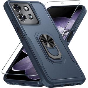 Janmitta for Motorola Moto G 2025 Case/Moto G 2026 Case with Screen Protector,Heavy Duty Shockproof Full Body Protective Cover Built in Rotatable Metal Holder for Moto-G-Play-2026,Navy Blue