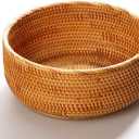 Hadewoven Round Rattan Fruit Basket Wicker Food Tray Weaving Storage Holder Dinning Room Bowl, 10 Inch Woven Bread Basket Key Bowls with 4Wall for Table, Countertop, Large 9.8", Beige 