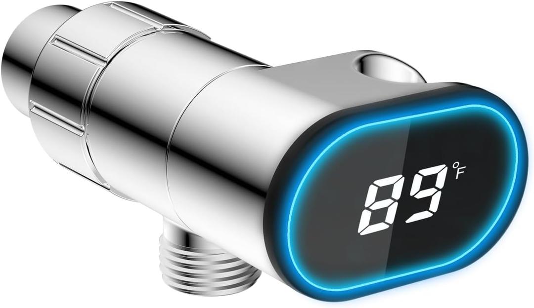 Hibbent Upgraded Metal Shower Head Holder with LED Display Shower Thermometer, Adjustable Shower Arm Mount for Handheld Shower Head, Universal Shower Head Bracket, Solid Brass Pivot Ball, Chrome