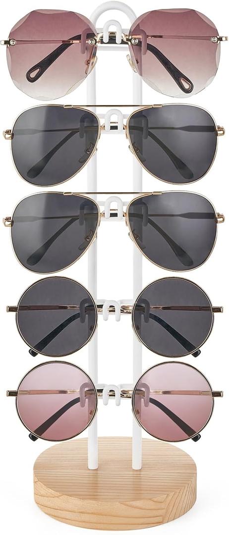 Mkono Sunglasses Organizer Glasses Holder Stand Sunglass Storage Eyeglasses Rack Metal Frame with Wood Base for 5 Pairs of Eyewear Display for Table Desk Countertop Dresser Bedroom (1, Wood)