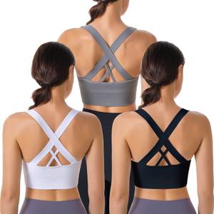 Evercute Sports Bra for Women Padded Medium Support Criss Cross Strappy Bras Seamless High Impact Yoga Exercise Athletic Bras (Large, Black White Gray 3 Pack)