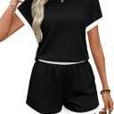 WIHOLL Two Piece Sets for Women Summer Lounge Short Sets Cap Sleeve Crew Neck Sweatsuit with Pocket, M