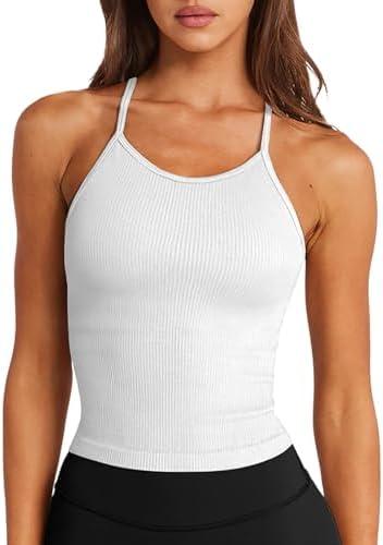 LASLULU Womens Sports Bra Seamless Long Crop Tank Racer Back Spaghetti Strap Workout Yoga Bra Padded Halter Neck Casual Tops size S, White