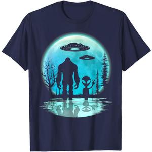 Alien and Bigfoot Moon T-Shirt Small