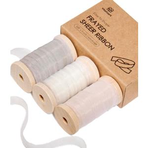 Vitalizart Organza Ribbon Frayed Sheer Organza White Pink Grey Set 3/8" Silk Like Ribbons for Valentines Day Gift Wrapping Craft Flower Bouquet Wedding Invitations Mesh Fabric 15 Yards