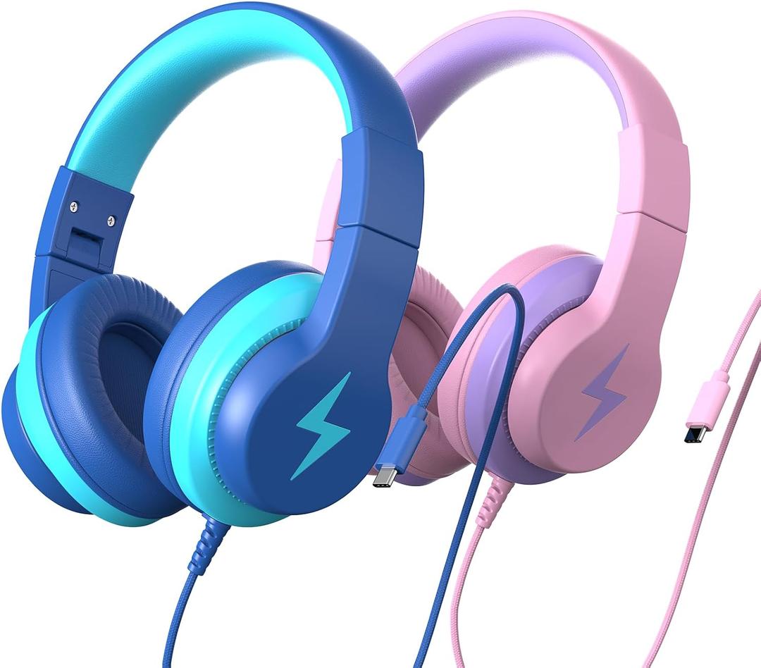 Kids Headphones for School 2 Pack, Upgrade USB C Headphones for Kids, Wired Headphone for Kid, HD Stereo Sound, Foldable Kid Over-Ear Headphone for Boys,Girls,iPad,PC,Tablets,Travel-Pink+Blue