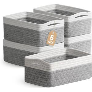 5 Pack Decorative Small Storage Baskets for Shelves, Cotton Rope Woven Basket for Organizing Bathroom, Nursery, Closet, Cabinet, Toys & Socks, Gift Baskets Empty, 11.8"x7.9"x4.7", Gray/White