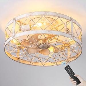 Flush Mount Caged Ceiling Fans with Lights, 20" Enclosed Low Profile Ceiling Fan with Light and Remote, Farmhouse Ceiling Fan 6 Speed Reversible Quiet Small Bladeless Ceiling Fans for Kitchen Bedroom