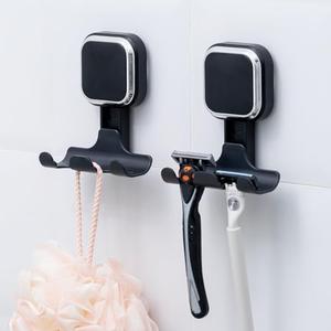 LEVERLOC Vacuum Suction Cup Razor Holder for Shower 2 Pack, Heavy Duty Shower Hooks for Towel, Loofah, Razor, Cell Phone, Damage-Free Hanging Plated Suction Cup Hooks, Easy to Install and Reuse, Black