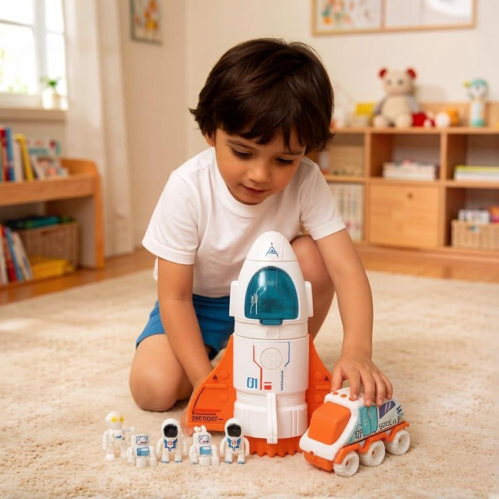 Jomifin Spaceship Toy for Boys Girls, Space Shuttle Toys with Lights and Sound, 3 Astronauts Figure, Openable Cockpit, Spray Exhaust, Astro Venture Space Playset with Lunar Car (Orange)