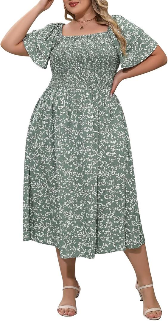 Nemidor Plus Size Summer Print Midi Boho Dress for Curvy Women Casual Smocked Floral Long Beach Dresses with Pocket, 16Plus